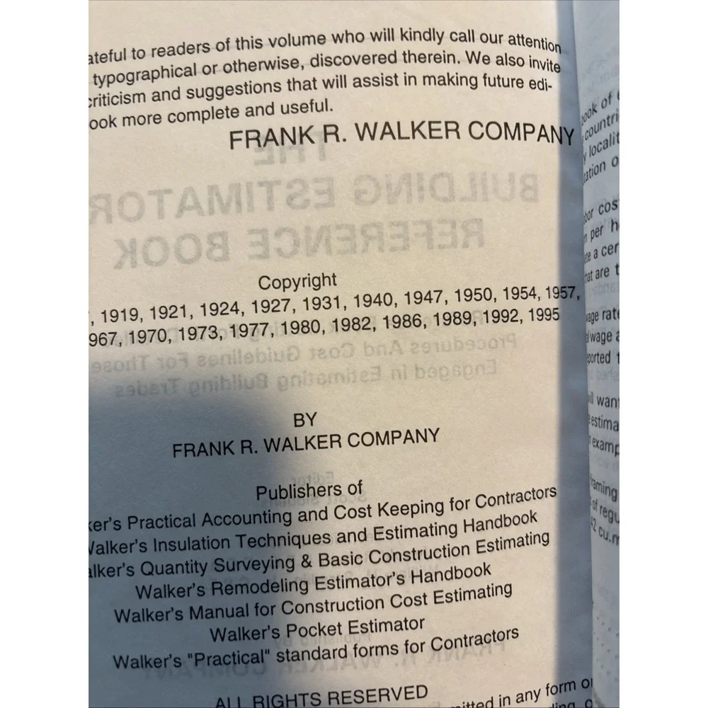 Walker's Building Estimator's Reference Book 25th Edition Frank R. Walker 1995